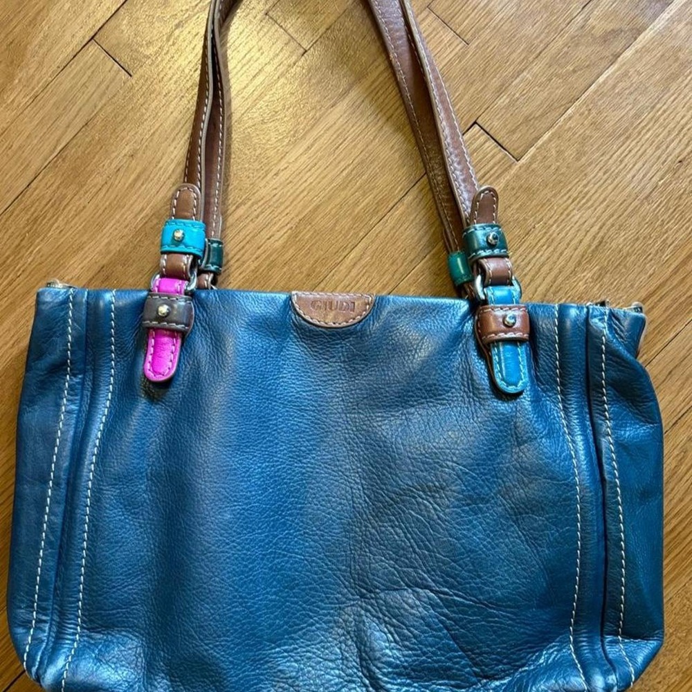 GIUDI Pelletteria Blue Vera Pelle Genuine Leather Tote Bag Colorful Strap Accent